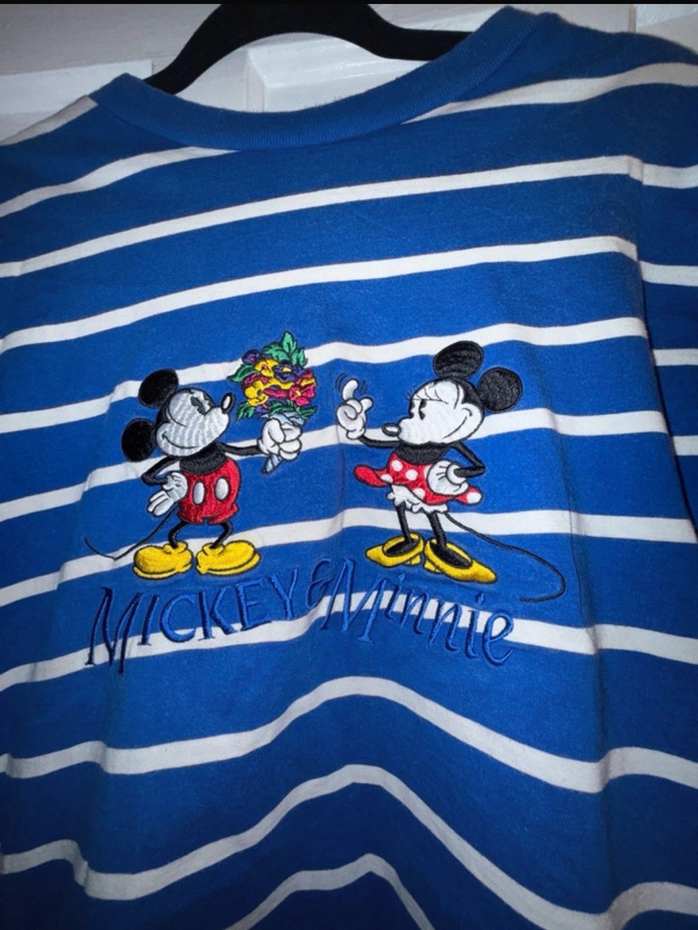 Disney Vintage Striped Short Sleeve Tee with Mickey and Minnie Embroidery